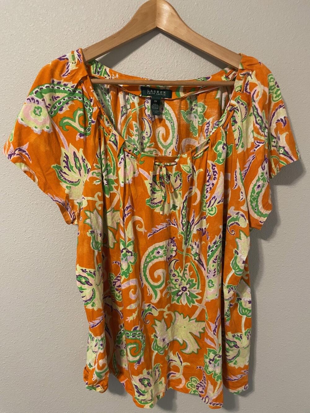 Lauren Ralph Lauren Tunic Top Womens 3X Orange Paisley Cotton Stretch Boho Artsy